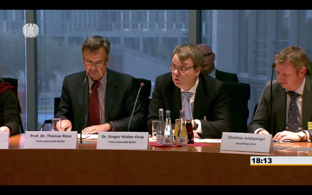 Thomas Risse and Gregor Walter-Drop at a meeting of the Subcommittee on Civilian Crisis Prevention, Conflict Management, and Coordinated Action in the Committee on Foreign Affairs of the German Bundestag