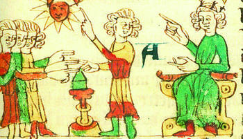 The Swearing of a Oath on a Relic in Sachsenspiegel, Heidelberger Bilderhandschrift (13th century)